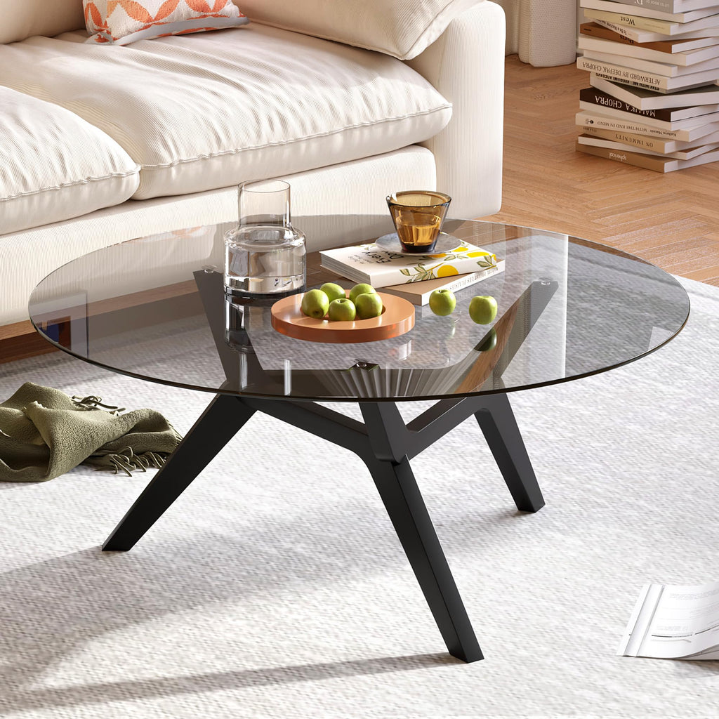 Round Glass Coffee Table, Soild Wood Base, 31.5" W, Black
