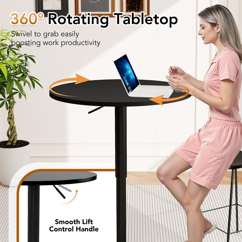 Round Pub Table, Height Adjustable Bar Table with 360 Swivel Top, Cocktail Table with Black Metal Base for Bar