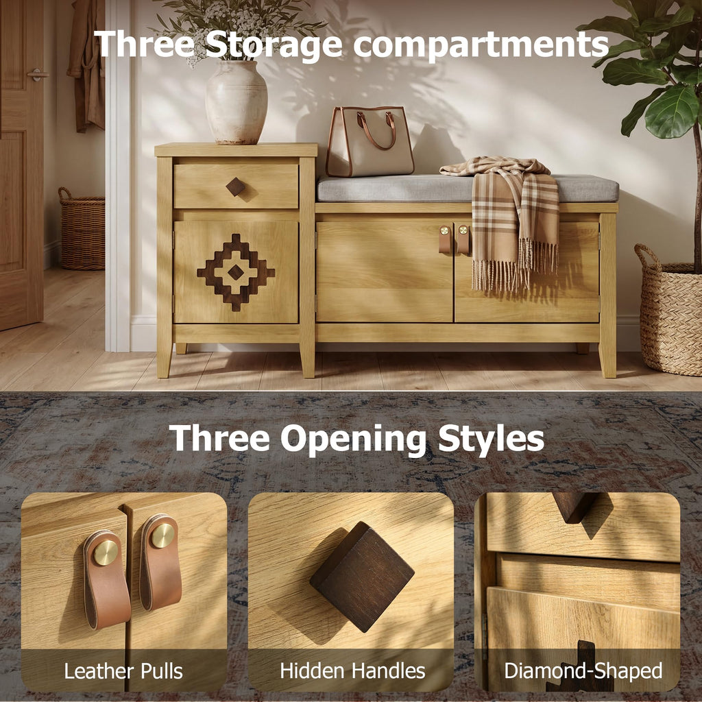 Entryway Bench with Storage, 3 in 1 Storage Bench with 1 Drawer and 2 Cubbies, 44" Rustic Wooden Seat with Cushion