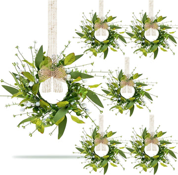 Spring Summer Eucalyptus Kitchen Cabinet Wreaths Small Artificial Green Eucalyptus Leaf Wreath for Front Door - Set of 6