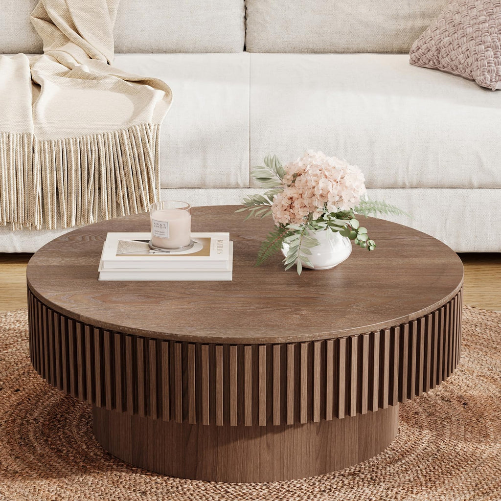 31.5'' Round Coffee Table with Storage, Modern Luxury Circle Drum Center Tables with Solid Wood Veneered, Accent Side