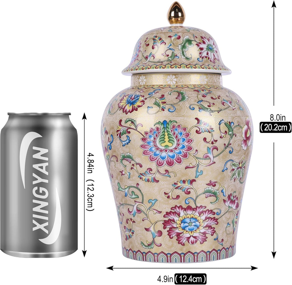 Chinoiserie Ginger Jar, Blue and White Porcelain Ceramic Vase with Gold Colorful Floral Design, 8" Decorative Ginger