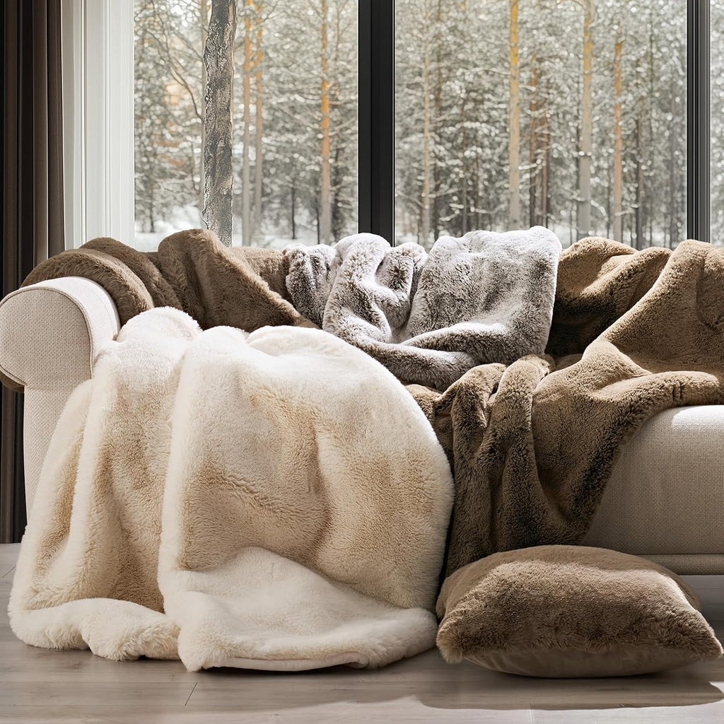 Faux Chinchilla Fur Throw Blanket, 50"x60", Champagne Fawn | Luxury, Super Soft, 1220GSM, Fluffy Cozy Mink