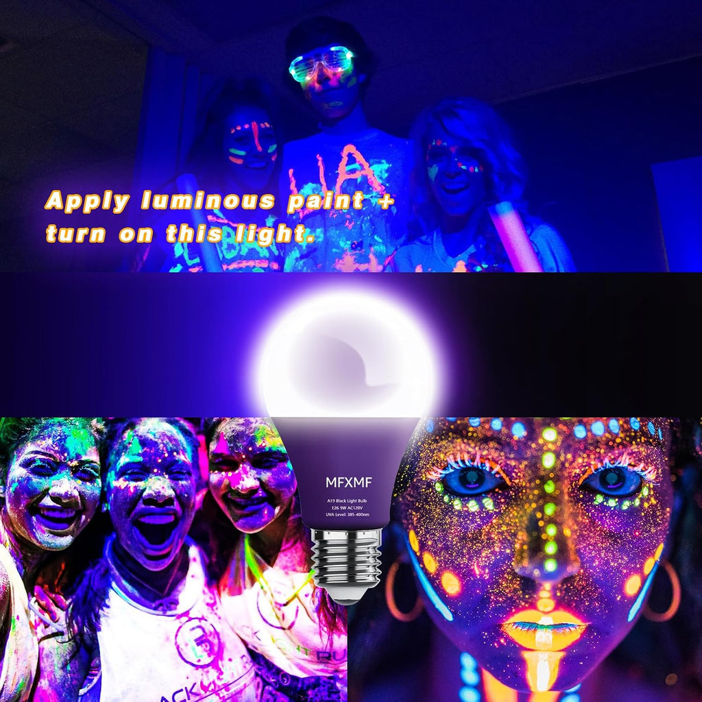 A19 LED Black Light Bulbs,Dimmable 9W Equivalent 100W,4 Pack