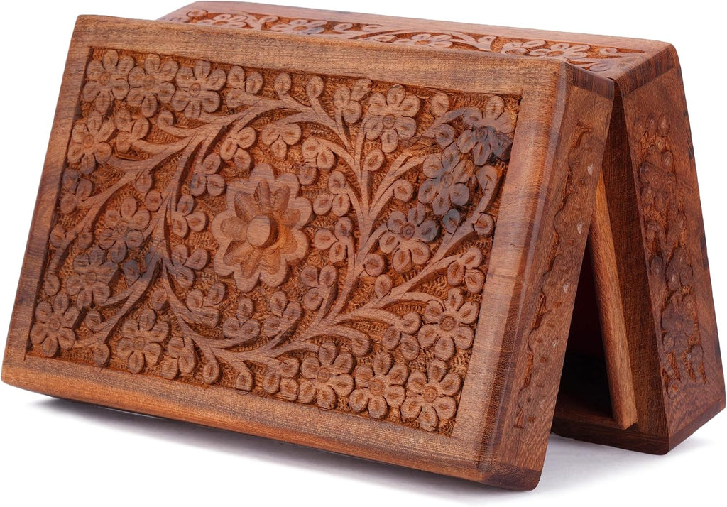 Wooden Jewelry Box Hand Carved Flower Keepsake Chest - 8x5 Inch