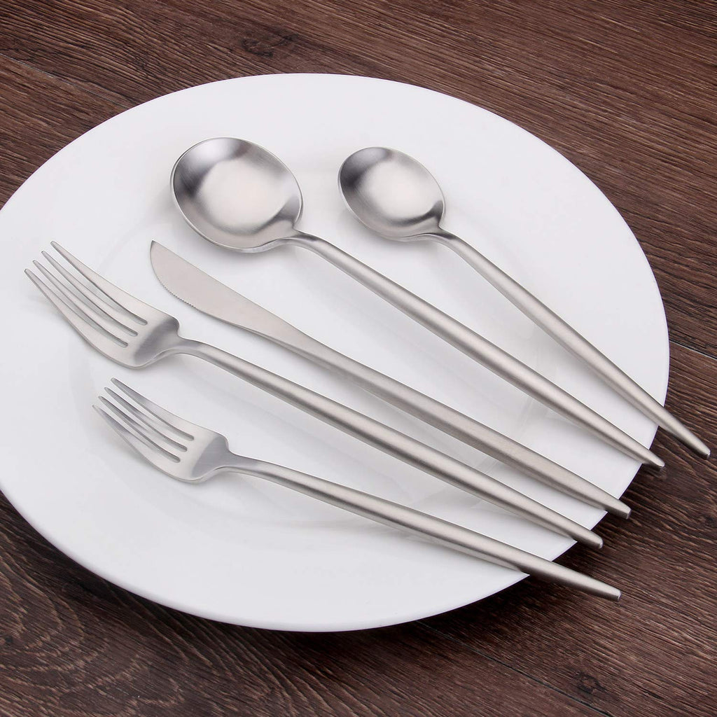 Matte Silverware Set, 20-Piece Stainless Steel Flatware Set Cutlery Set Service For 4, Satin Finish, Dishwasher Safe