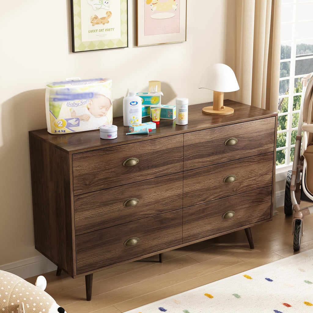 47" Vintage with 6 Drawers and Metal Handles, Walnut