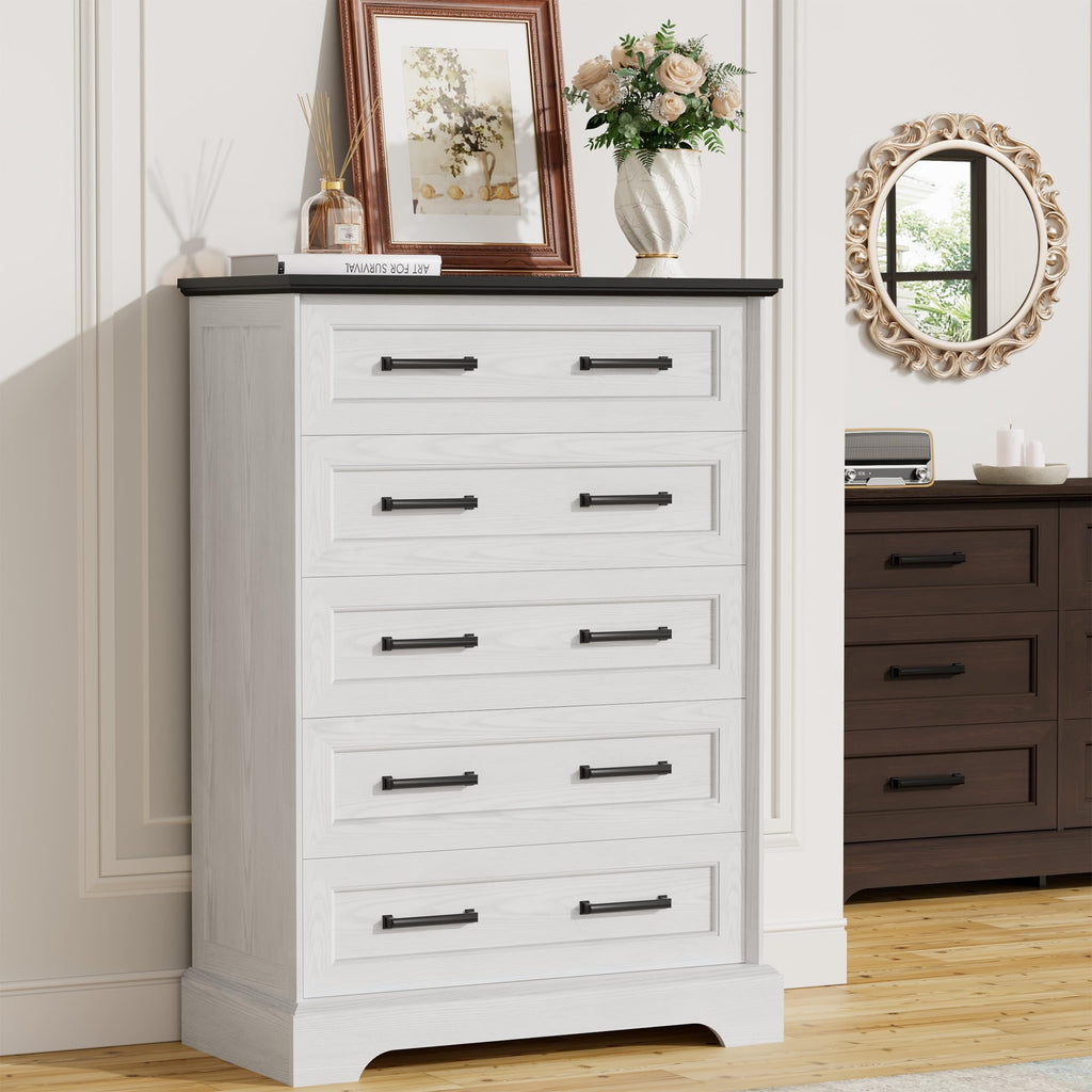 Farmhouse Dresser, 5 Drawers Dresser, White & Black