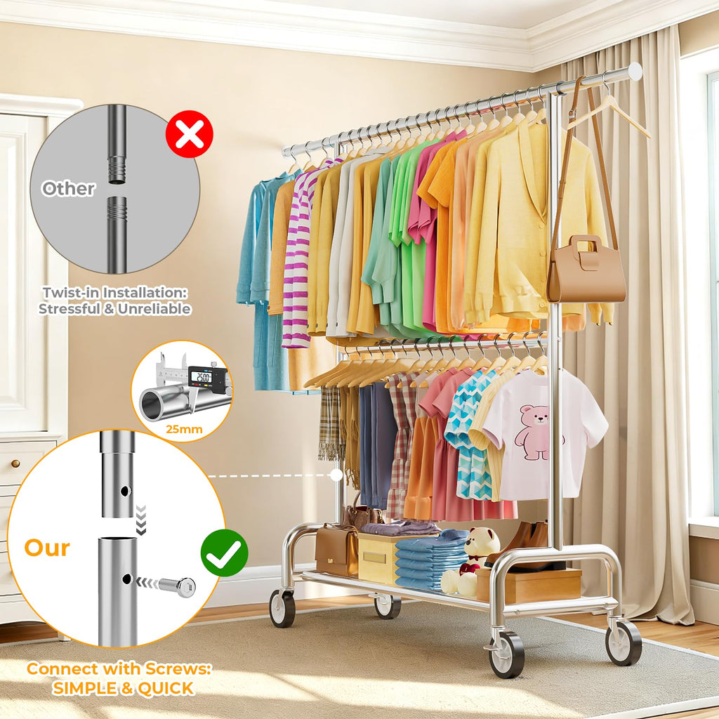 Heavy Duty Clothes Rack Load 860LBS, Double Rods Rolling Clothing Racks for Hanging Clothes, Rolling Garment Rack
