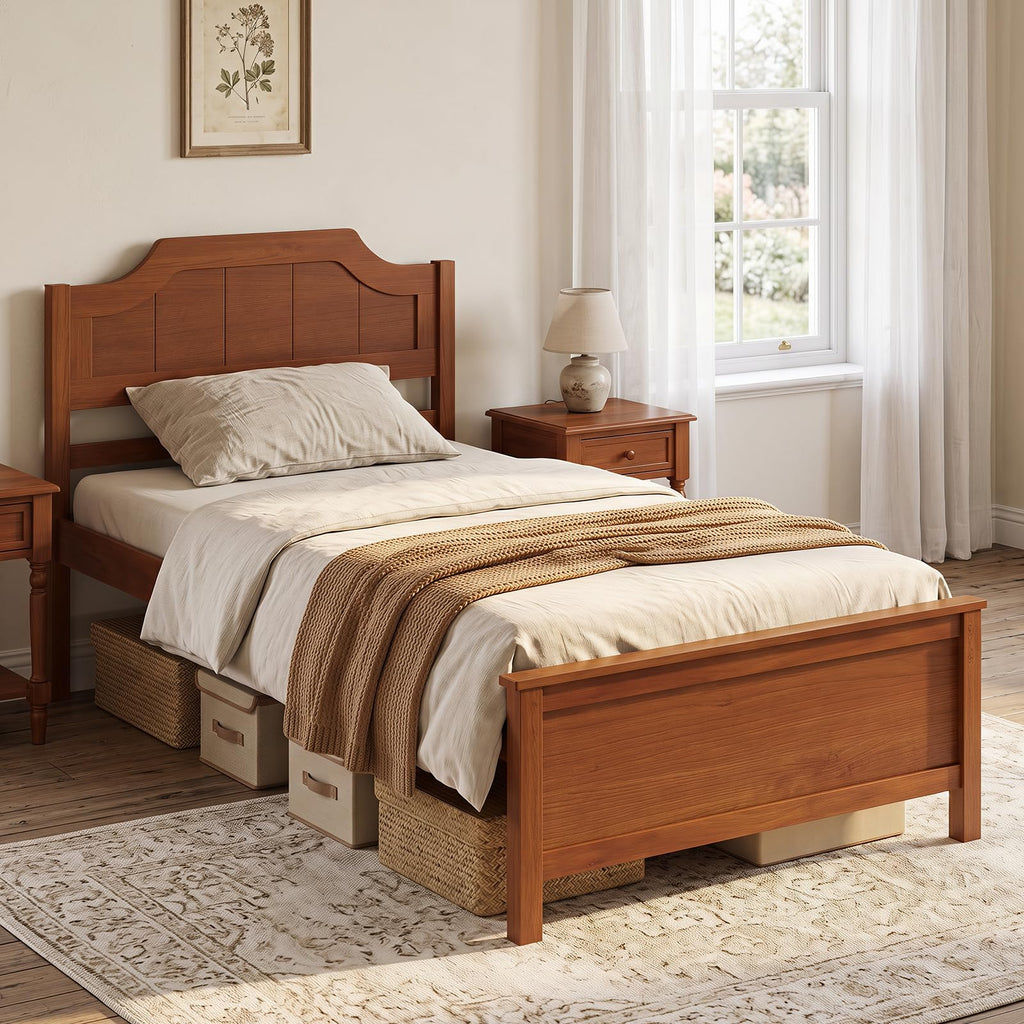 Twin Size Wooden Bed Frame with Headboard, Wood Slat Support