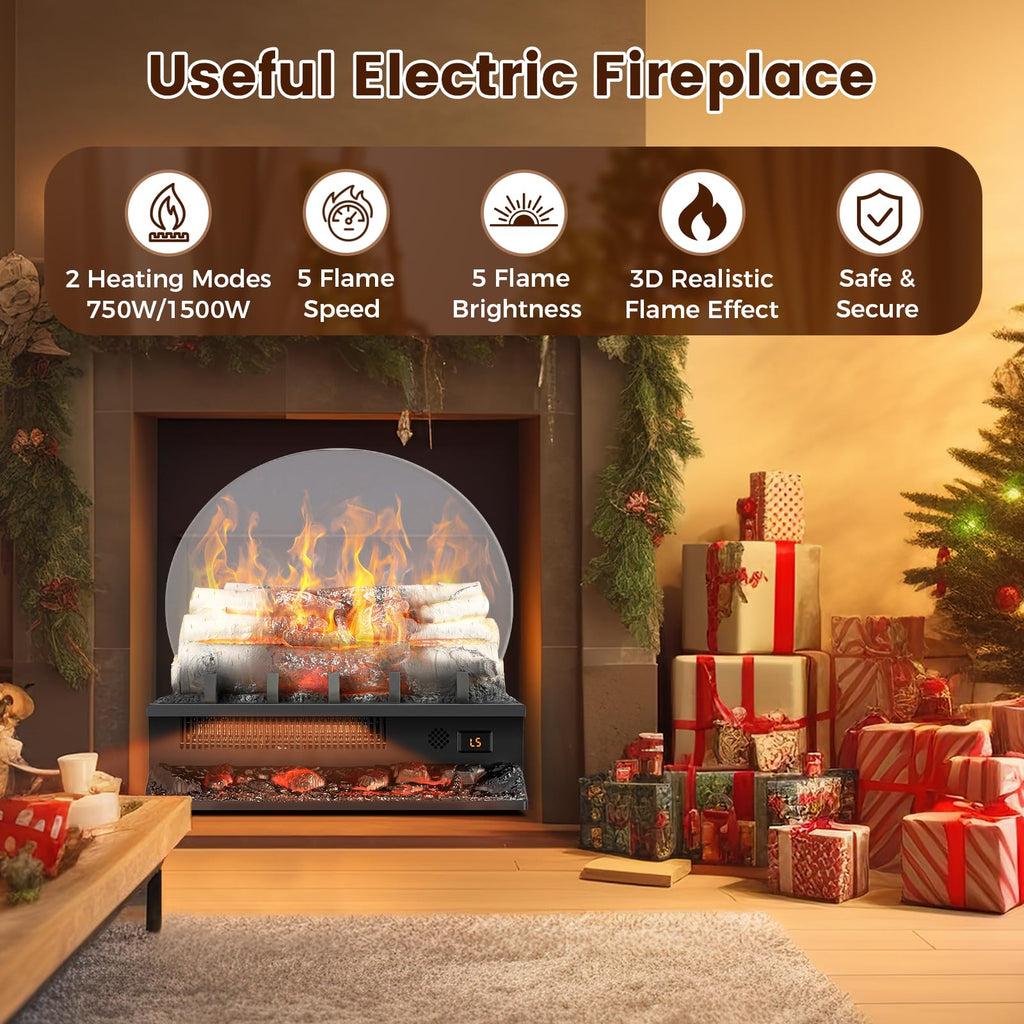 21" Freestanding Electric Fireplace Log Set with Cracking Sound, Fireplace Insert Heater with 8H Timer, 750w/1500w, 5