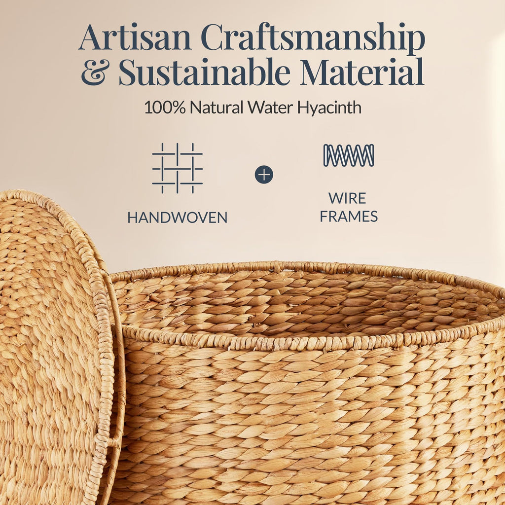 Large Round Storage Ottoman W/Lid, Handwoven Water Hyacinth Footstool, Accent Stool, Side Table, Storage Container