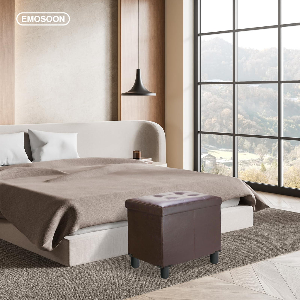 18 Inches Cube Storage Ottoman, Faux Leather Collapsible Square Folding Ottoman Furniture with Storage Bedroom, Foot