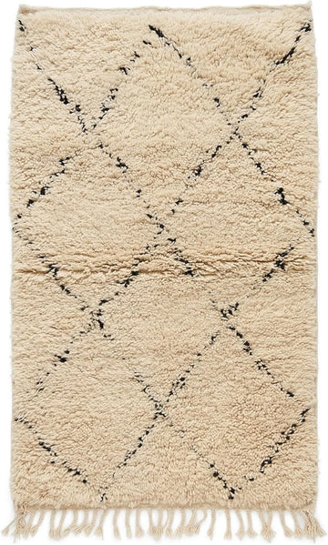 Handmade Moroccan Berber Area Rug 6' x 9', 100% Wool High Pile Shag, Ivory/Cream with Charcoal Broken Diamond Pattern