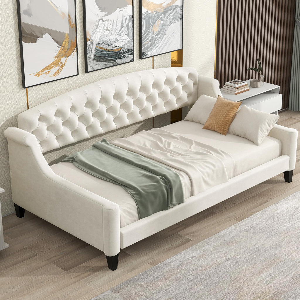 Twin Size Upholstered Daybed with 4 Support Legs, Twin Modern Luxury Tufted Button Daybed Frame, Sofa Bed, Beige