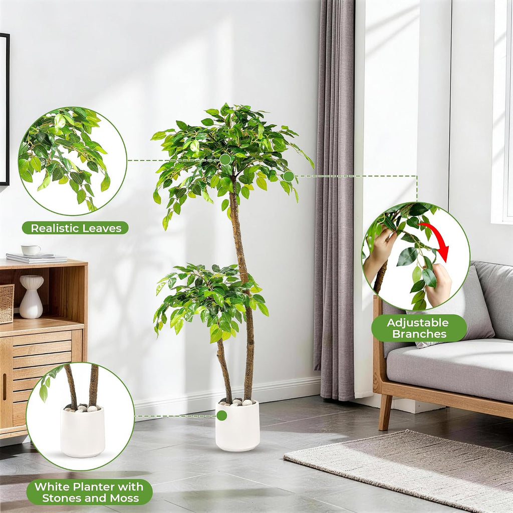 4FT Artificial Ficus Tree with White Planter, Moss and Pebbles