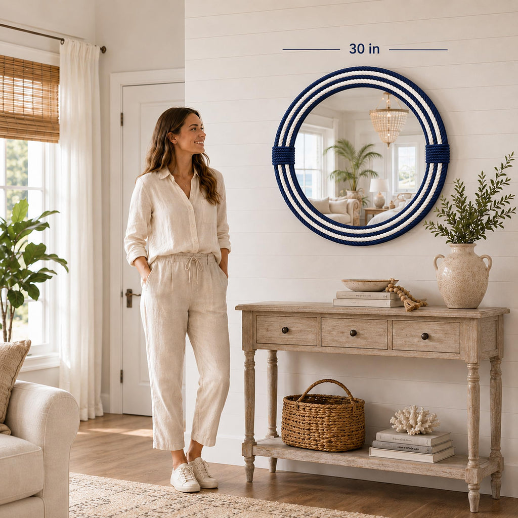30" Navy Stripe Round Wall Mirror, Handwoven Cotton Rope Frame