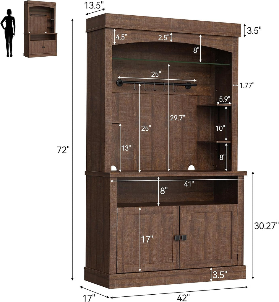 72" Farmhouse Coffee Hutch Cabinet, Large LED Buffet Sideboard with Wine Rack & Glass Shelf, Tall Kitchen Storage