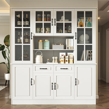 MU Kitchen Storage Cabinet with Glass Doors, Large China Hutch with 2 Drawers & 5 Adjustable Shelves, Kitchen Pantry