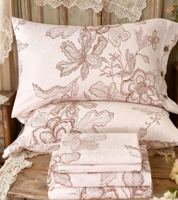 Sheets Pink Floral Sheet Set 400TC 100% Cotton Flannel-Like Warm Luxury Bed Sheet Set 4Pcs, Button Closure