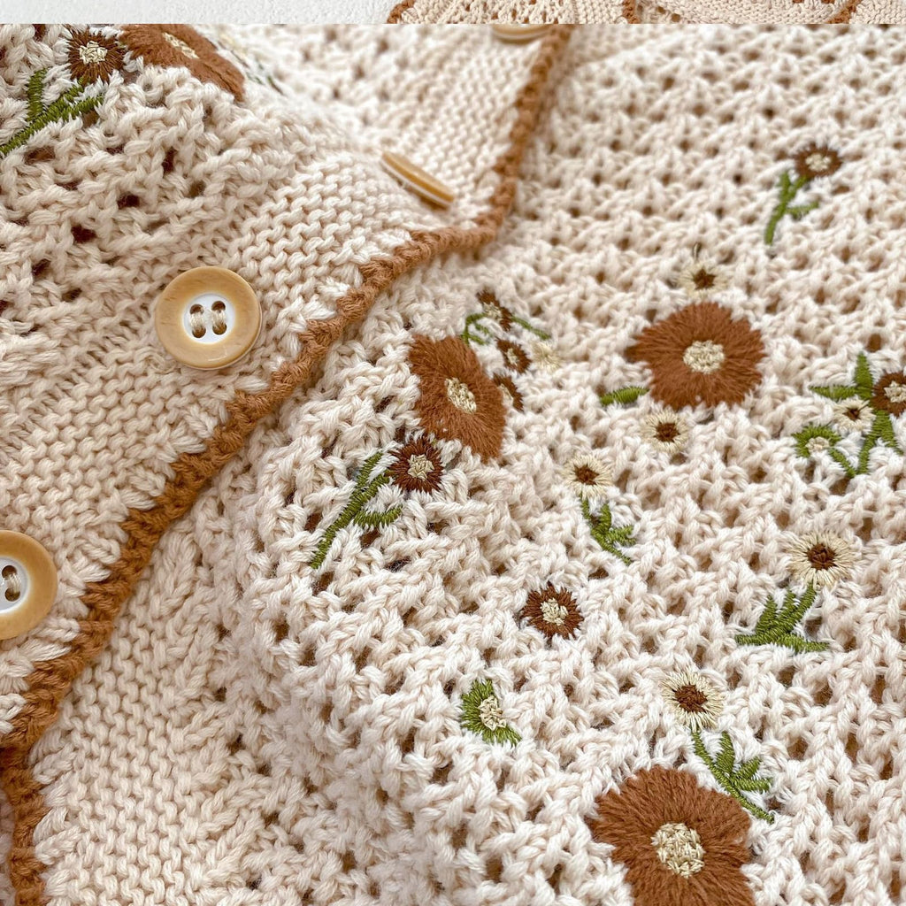Baby Girls Embroidered Cotton Vintage Sweater Vest Knitted Cardigan