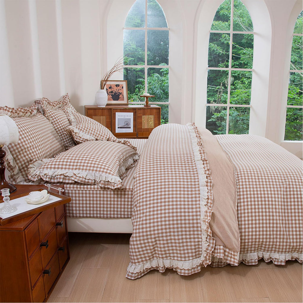 100% Washed Cotton Taupe Gingham Ruffle Duvet Cover Set