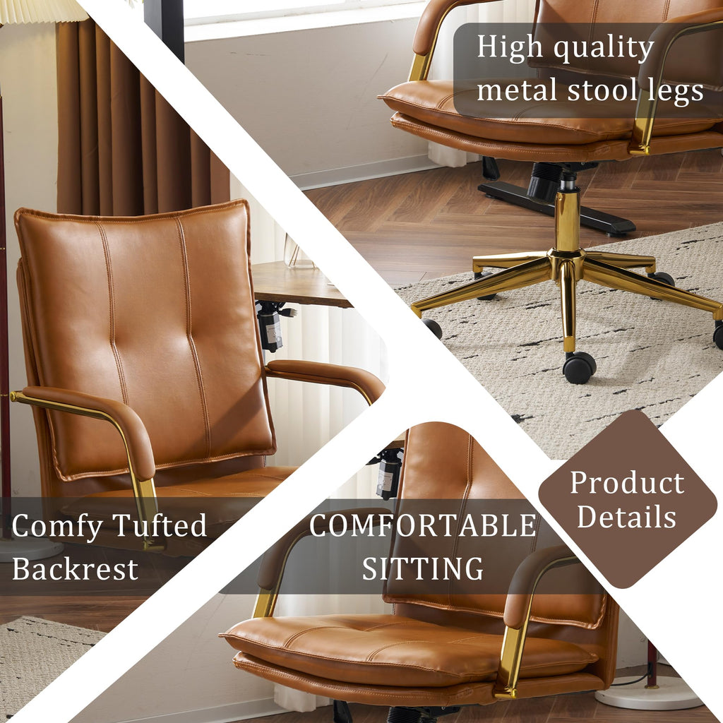 Office Chair, Mid-Back Ergonomic PU Leather Desk Chair, Mid Century Modern Office Chair, Swivel Comfy Upholstered
