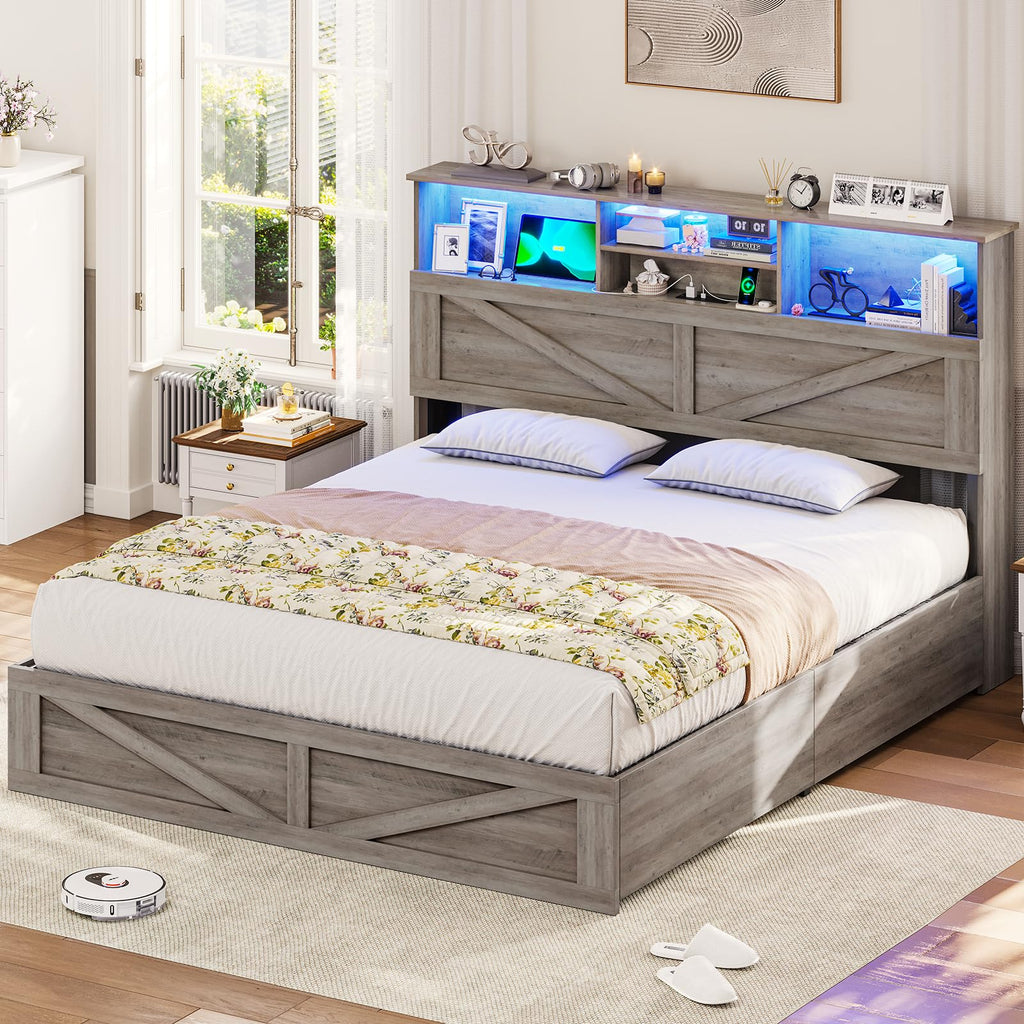 Farmhouse Bed Frame with Bookcase Storage Headboard, Charging Station and LED Lights, Wooden Bed