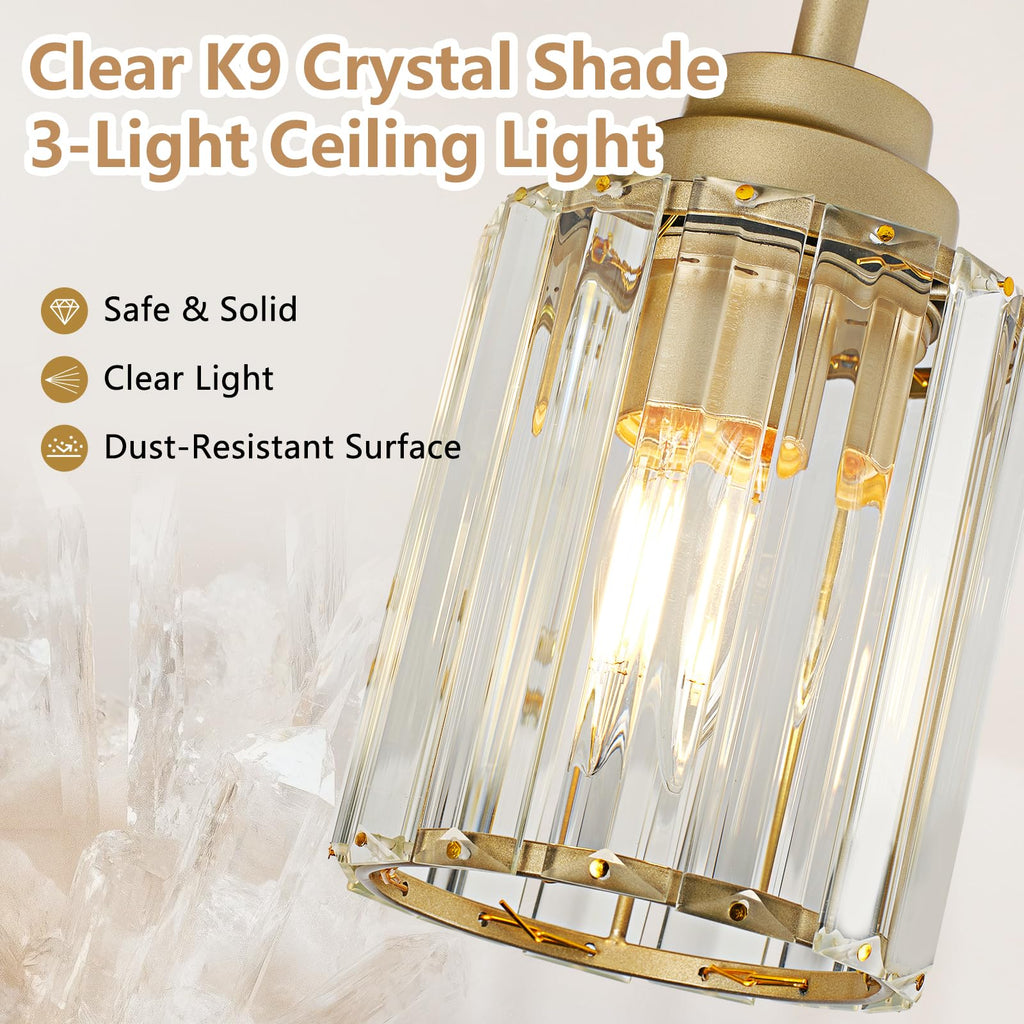 3-Light Champagne Gold Semi Flush Mount Ceiling Light, Modern Ceiling Light with Clear K9 Crystal Shade, E26 Base