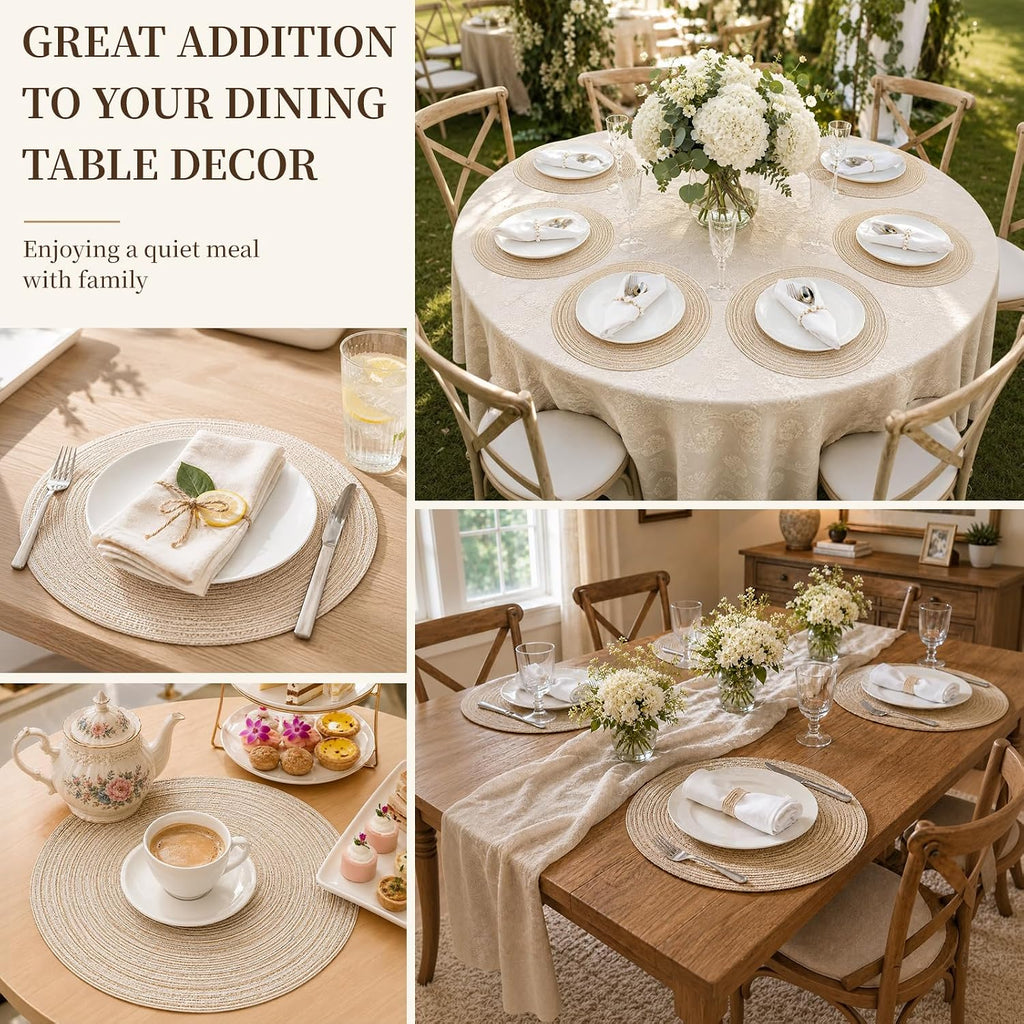 Round Placemats, 15 in Washable Woven Placemats Heat Resistant Cotton Polyester Braided Table Mat, Non-Slip - Set of 4