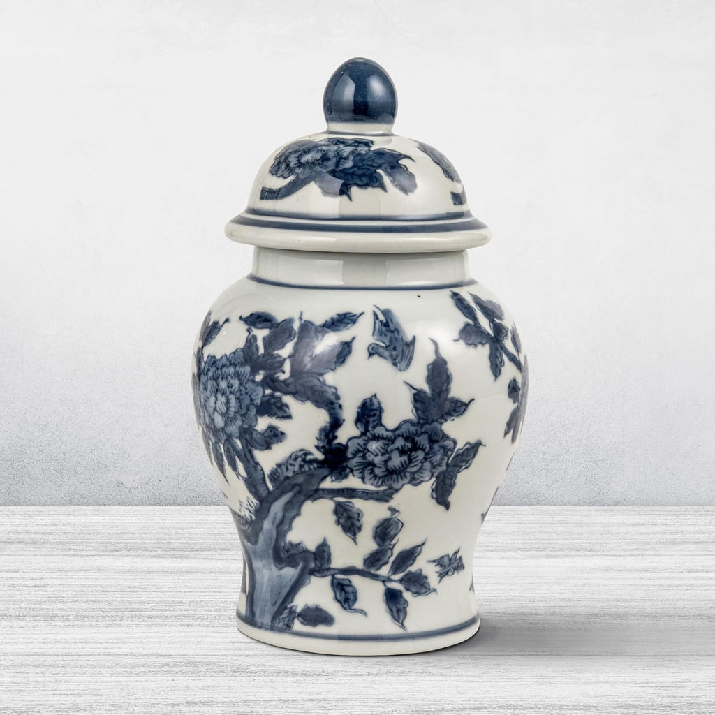Decorative Ceramic Ginger Jar with Domed Lid, Blue & White