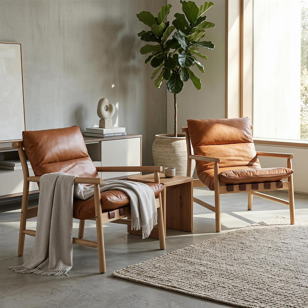 Faux Leather Accent Chair Mid Century Modern Living Room Chairs Comfy Arm Chair with Solid Wood Frame Upholstered