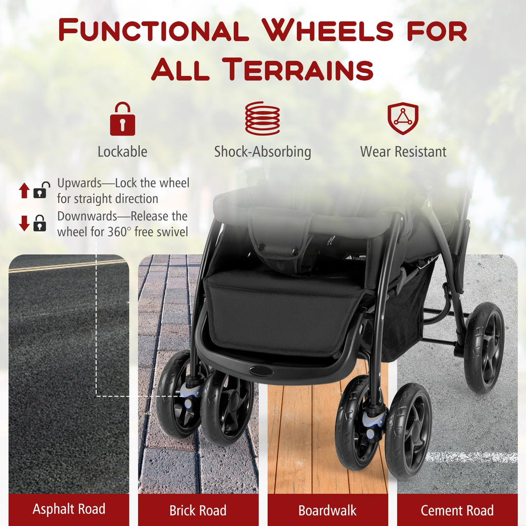 Double Stroller, Foldable Lightweight Infant Twin with Tandem Seating, 5-Point Harness, Recline Seat, Storage Basket