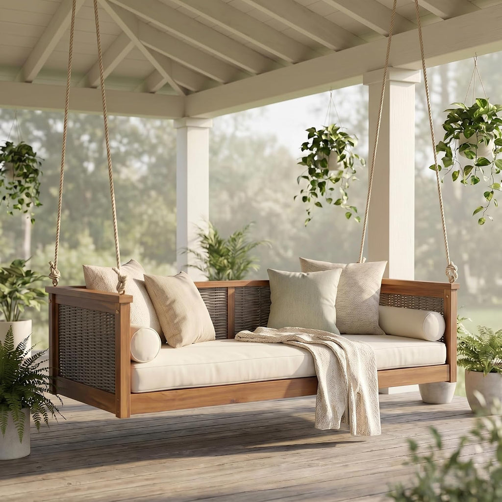 Twin Size Wooden Outdoor Swing Bed, Acacia Wood Porch Swing with Rattan Backrest and Ropes , Backyard & Garden, Teak