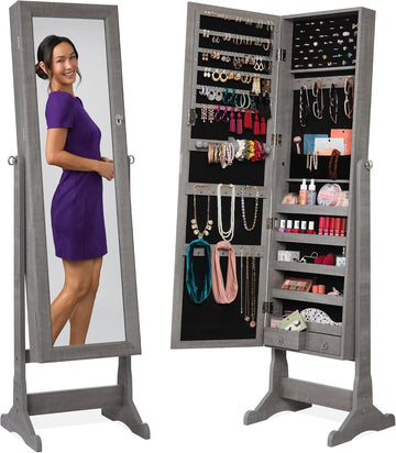 Freestanding Jewelry Armoire Cabinet, Full Length Standing Mirror, Lockable Makeup Storage Organizer, w/Velvet