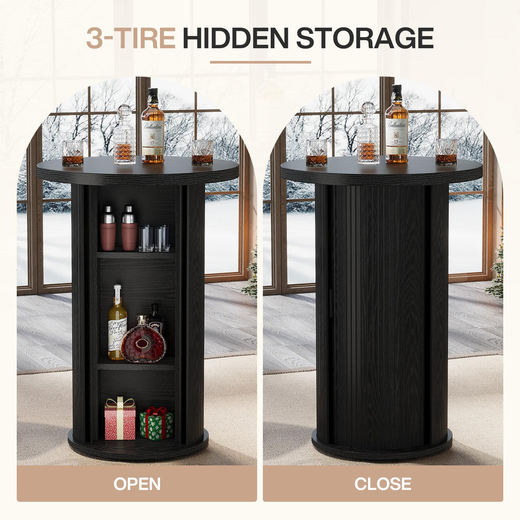 Round Bar Table, 35.4" Rustic Cocktail Table with 3-Tier Hidden Storage Shelves, High Top Bistro Pub Table with Slide