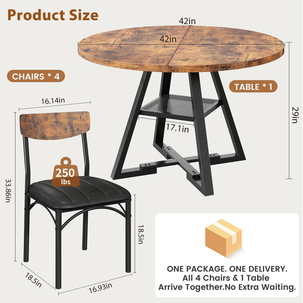 Dining Table Set for 4, Kitchen Table and Chairs for 4, Round Dining Room Table with Upholstered Chairs, 5 Piece Space