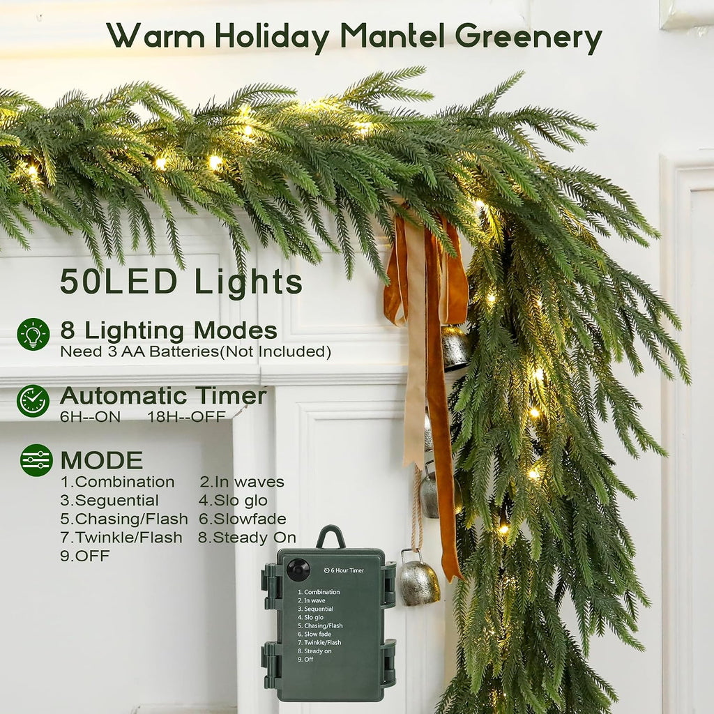 9FT Soft Touch Artificial Norfolk Pine Christmas Garland with Timer Lights