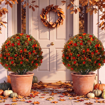 2 Pack 24" Artificial Topiary Ball Plant Trees Outdoor, Orange, Rose