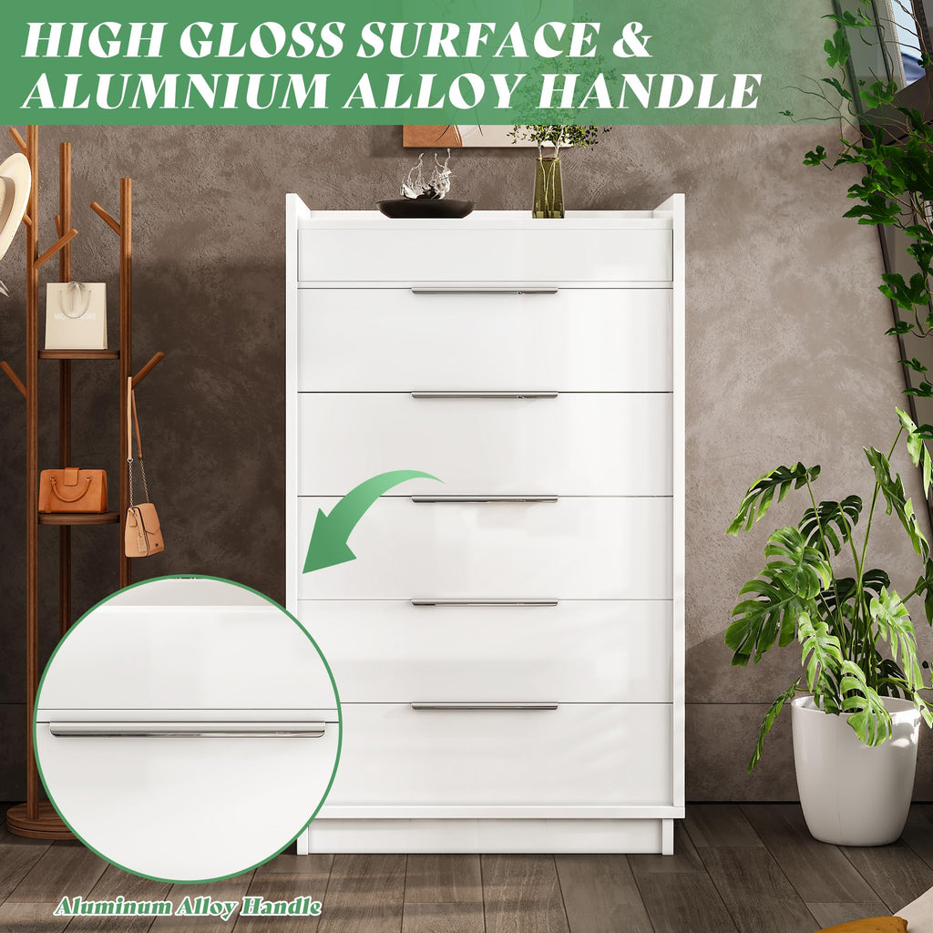 50.2" H 5-Drawer Dresser with Glass Top, High Gloss, White