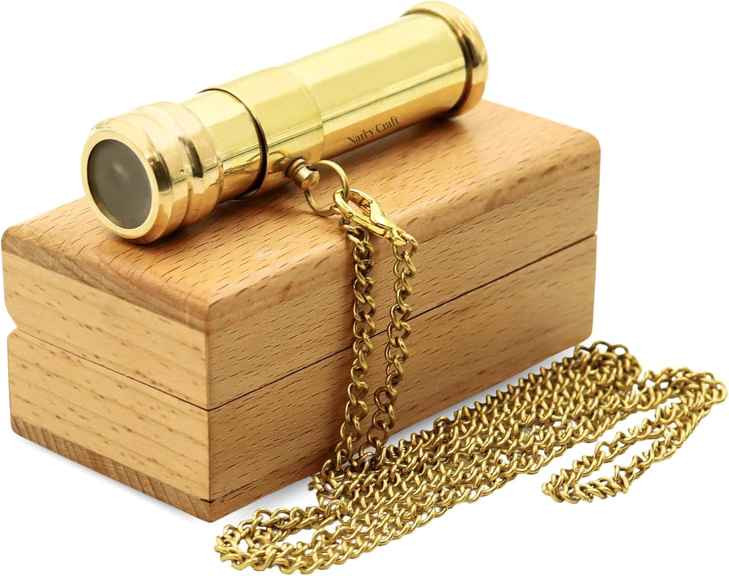 Brass Kaleidoscope with Wooden Box | Handcrafted Vintage Kaleidoscope with Optical Glass Lens & Wooden Storage Box