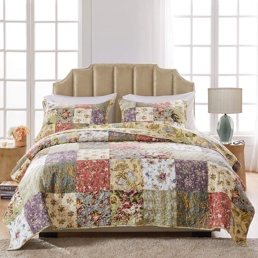 Home Blooming Prairie 100% Cotton Authentic Patchwork Reversible Quilt Set, 3-Piece