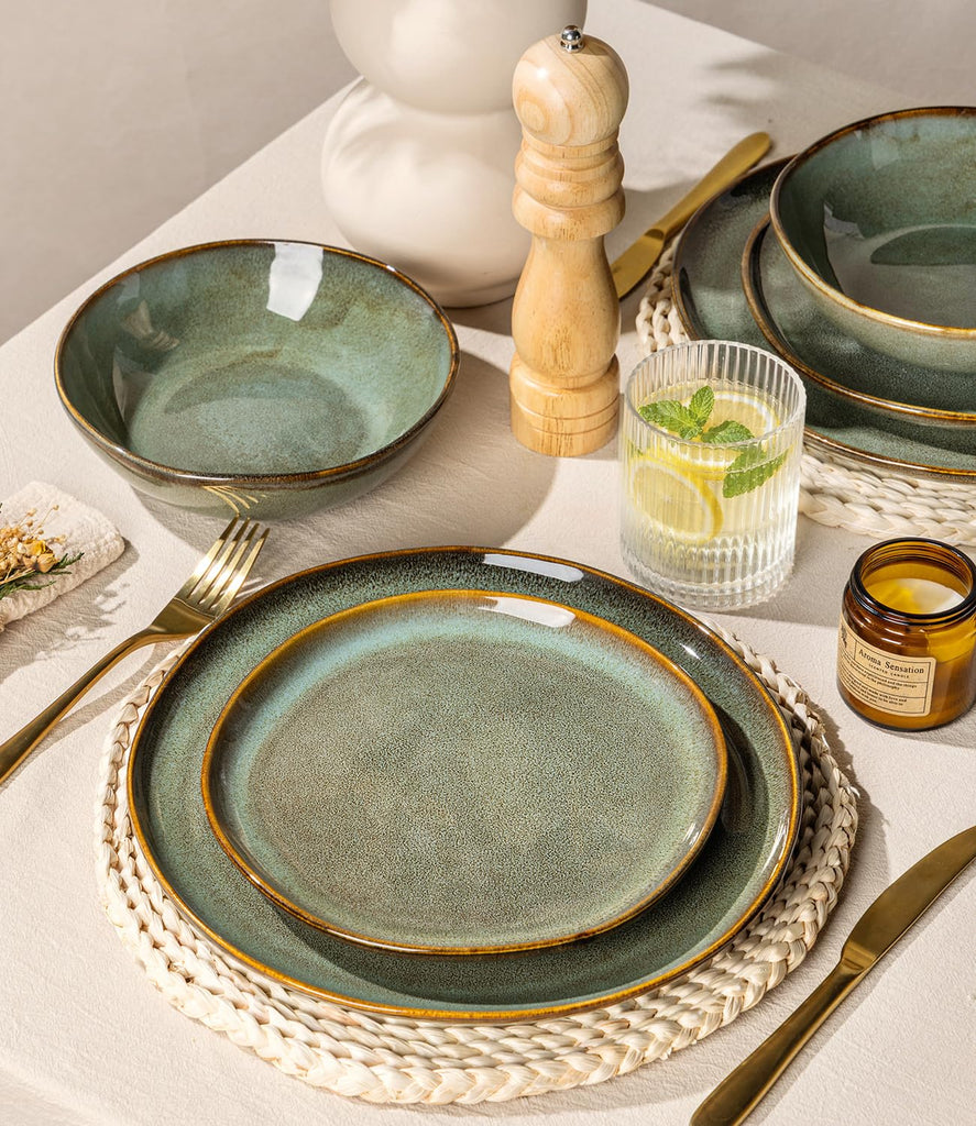 Stoneware Dinnerware Sets for 6, 18 Piece Rustic Plates and Bowls Set
