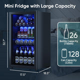 Beverage Fridge, 130 Can Mini Fridge With Glass Door, Beverage Cooler Refrigerat
