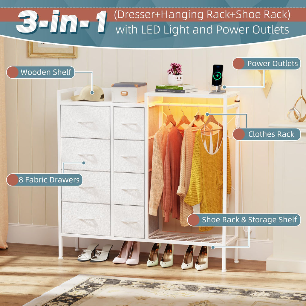8-Drawer with Hanging Rack, White, 11.8"D