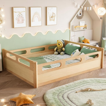 Pine Wood Floor Bed Frame with 16.5"Full-Length Guardrails