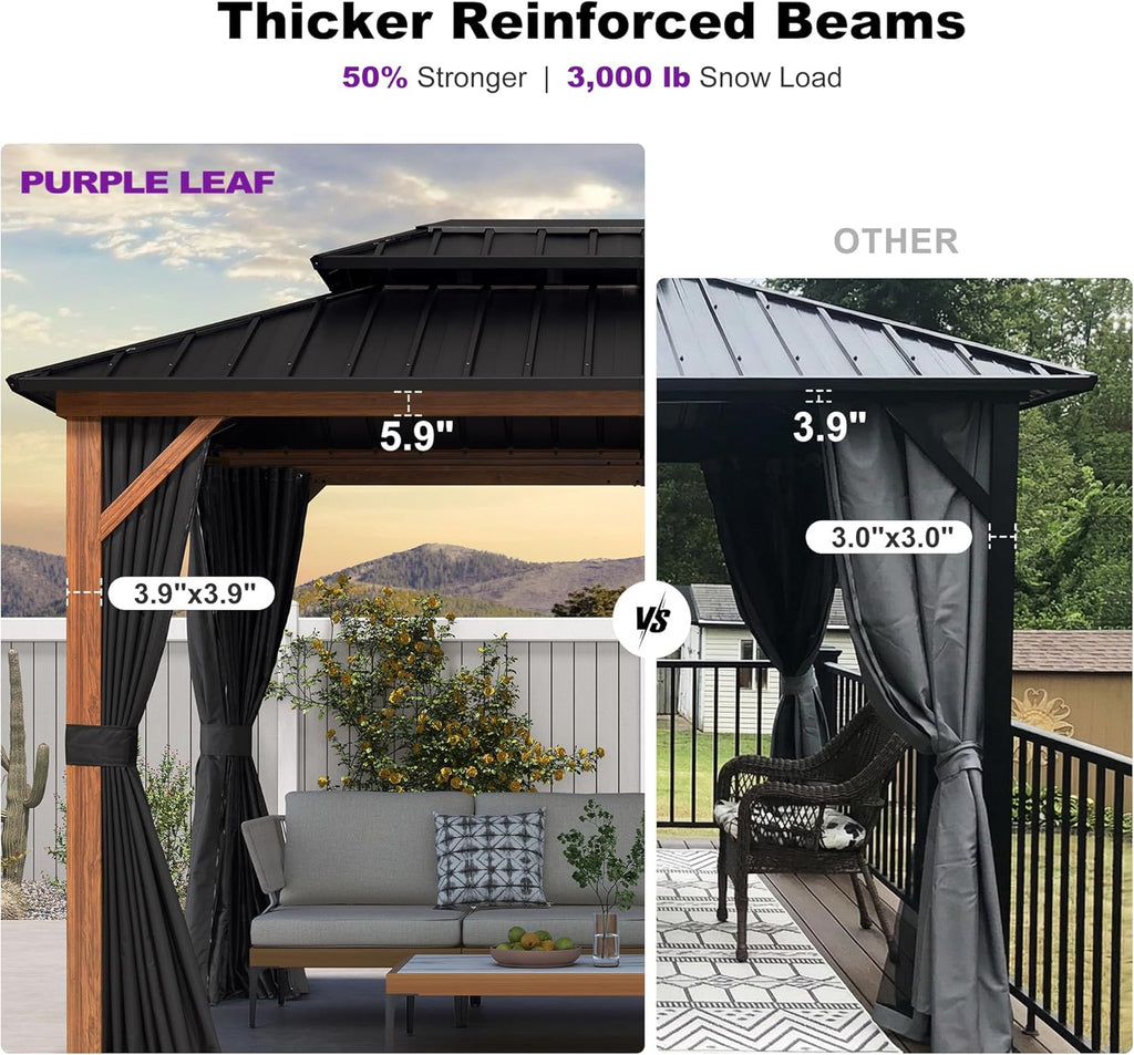 8' X 12' Hardtop Gazebo Outdoor Wood Grain Aluminum Frame Galvanized Steel Double Roof Gazebos with Netting and