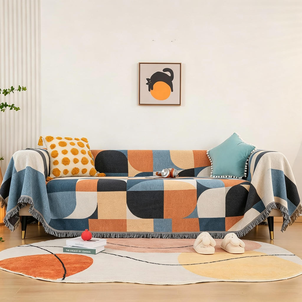 Beige Bohemian Sofa Throw Blankets Ethnic Woven Boho Geometric Multicolor Blue and Orange Throw Blanket for Couch