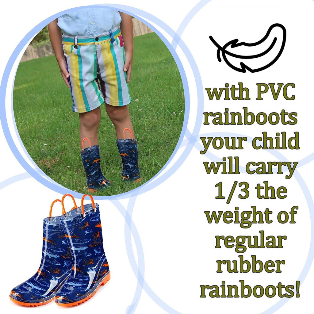 Toddler and Kids Waterproof PVC Rain Boots with Easy-On Handles - Lightweight Slip-Resistant Outdoor Boots for Boys