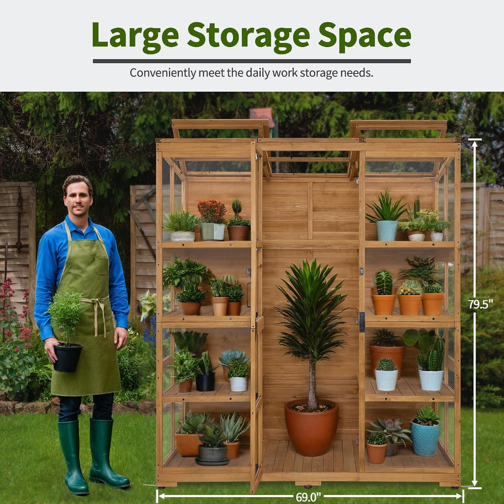Macrout Wooden Walk-in Greenhouse with Acrylic Panels, Large Greenhouse Outdoor with Openable Roof Vents with